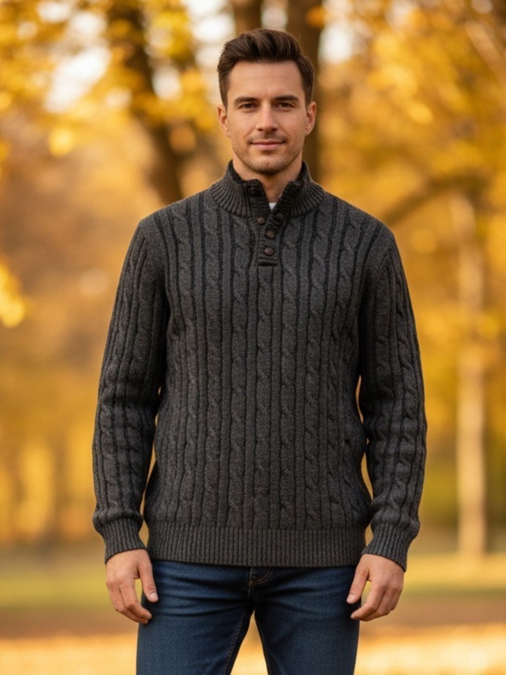 Heritage Wool Blend Cable Knit Mock Neck Sweater Grey Leather Button Grandpcore